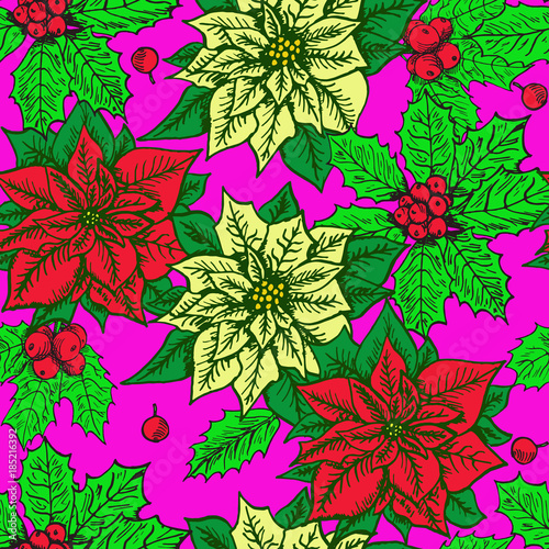 Colorful poinsettia and holly  hand drawn doodle sketch color illustration  seamless pattern design on dark pink background