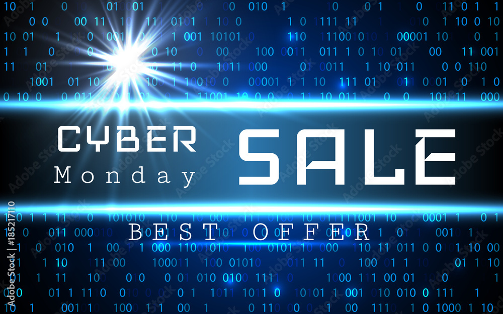Obraz premium Cyber Monday Sale vector banner template. Blue shining binary code background with arrows and sample text