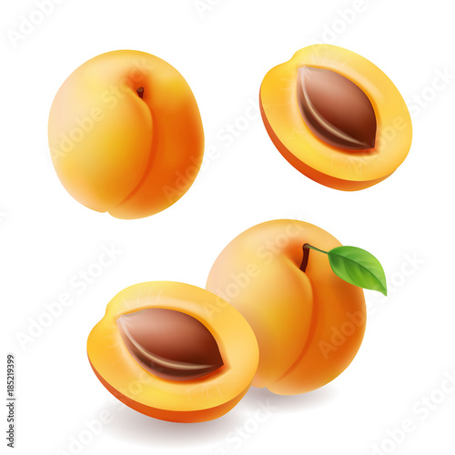 Fotótapéta Apricots with leaf and half apricot realistic fruit set. Vecctor