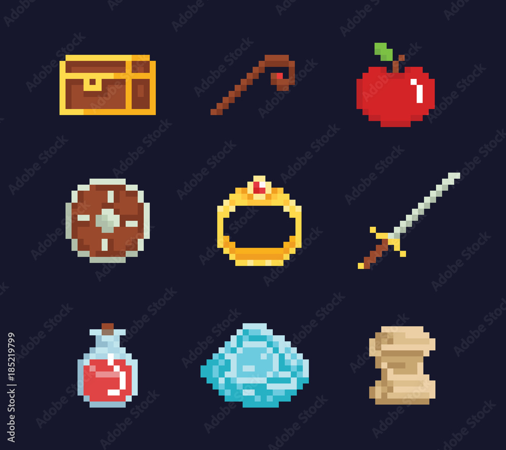 Vector pixel art illustration icons for fantasy adventure game development,  magic staff, sword, food, chest, spell, ring, potion Векторный объект Stock  | Adobe Stock