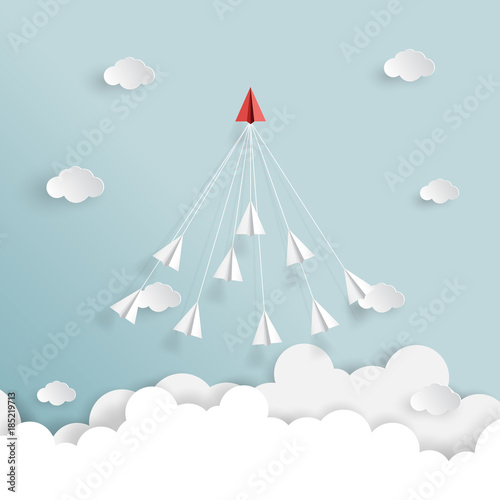 Leadership and paper airplanes of business teamwork strategy flying on blue sky and clouds with creative idea concept paper art style.Vector illustration.