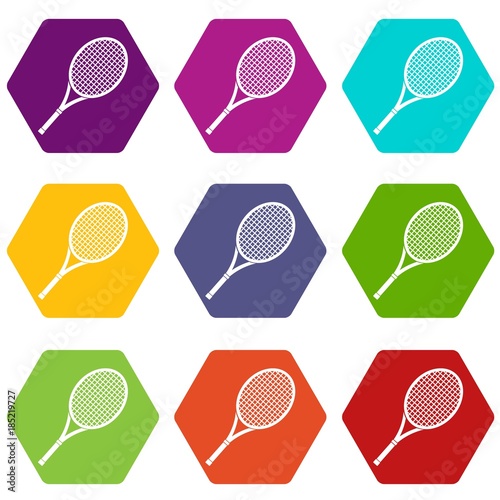 Tennis racket icon set color hexahedron