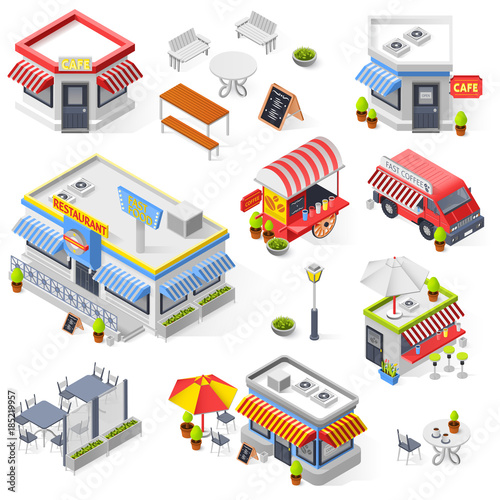 Set Of Street Restaurant And Cafe Isometric Icons
