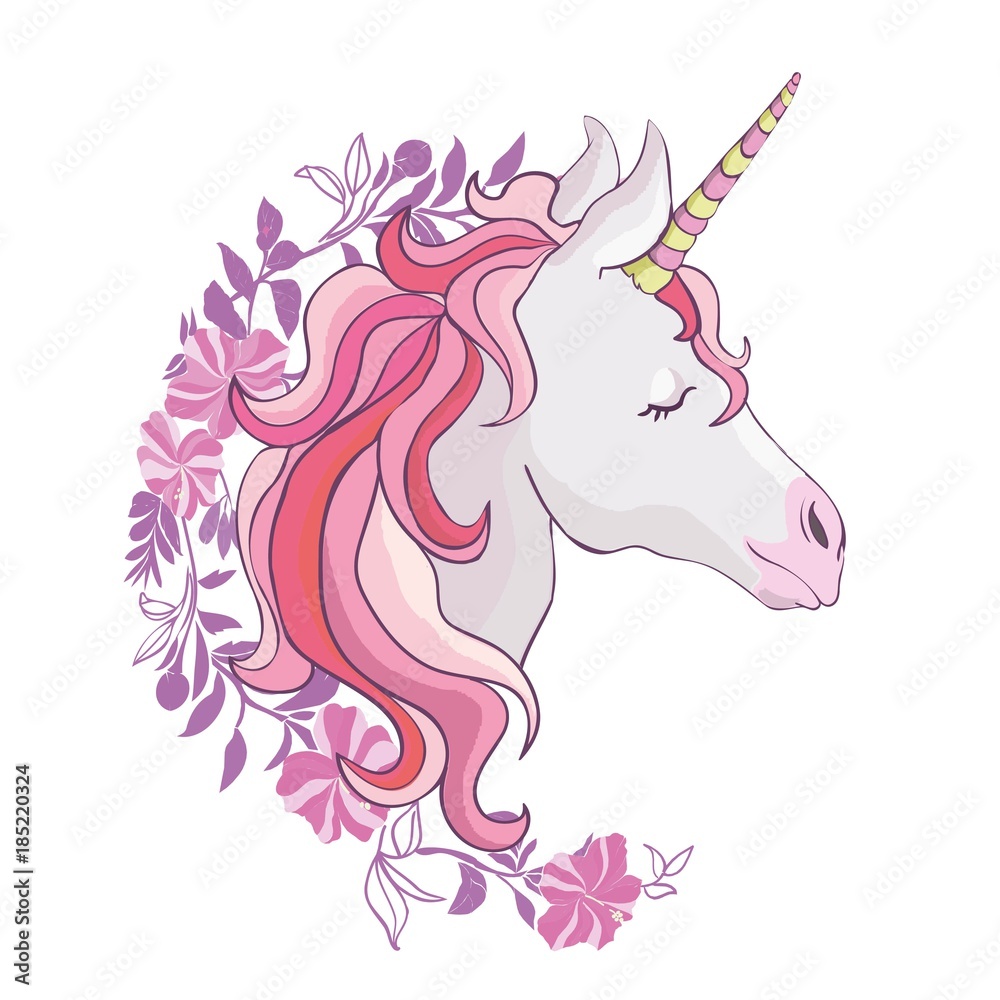 Unicorn vector icon isolated on white. Head portrait horse sticker, patch badge. Cute magic cartoon fantasy cute animal. Rainbow hair. Dream symbol. Design for children Unicorn vector icon isolated on white. Head portrait horse sticker, patch badge. Cute magic cartoon fantasy cute animal. Rainbow hair. Dream symbol. Design for children