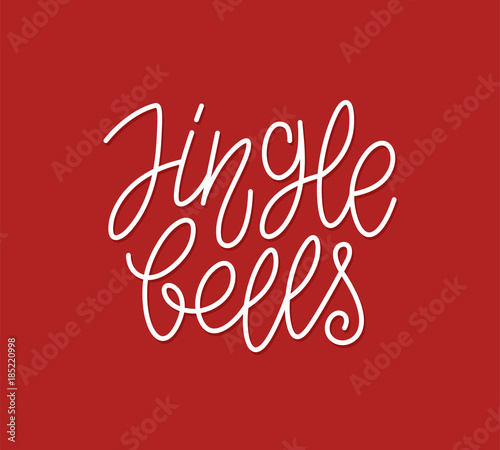 Jingle Bells calligraphic line art style lettering quote on red background. Christmas gift card design for winter holiday. Vector modern typography
