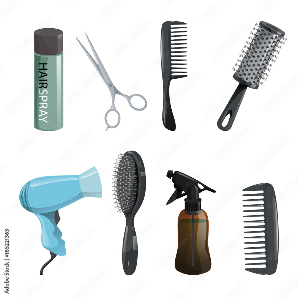Hair beauty salon equipment set. Hairspray, scissors, comb, hairbrush,  dryer. Vector icon illustrations. Stock Vector | Adobe Stock