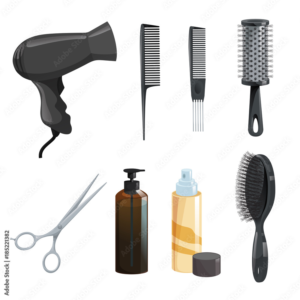 Hair beauty salon equipment set. Hairspray, scissors, comb for styling,  hairbrush, dryer,brown bottle with gel . Vector icon illustrations. Stock  Vector | Adobe Stock