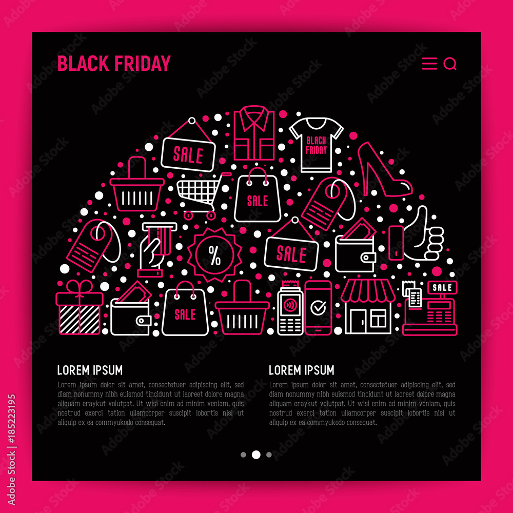 Black friday sale concept in half circle with thin line icons: store, shopping cart, wallet, credit card, payment, thumbs up, badge, special offer. Modern vector illustration, web page template.