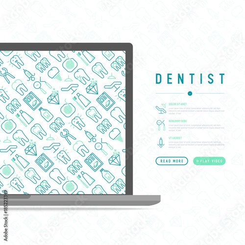 Dentist concept with thin line icons of tooth, implant, dental floss, crown, toothpaste, medical equipment. Modern vector illustration, web page template.