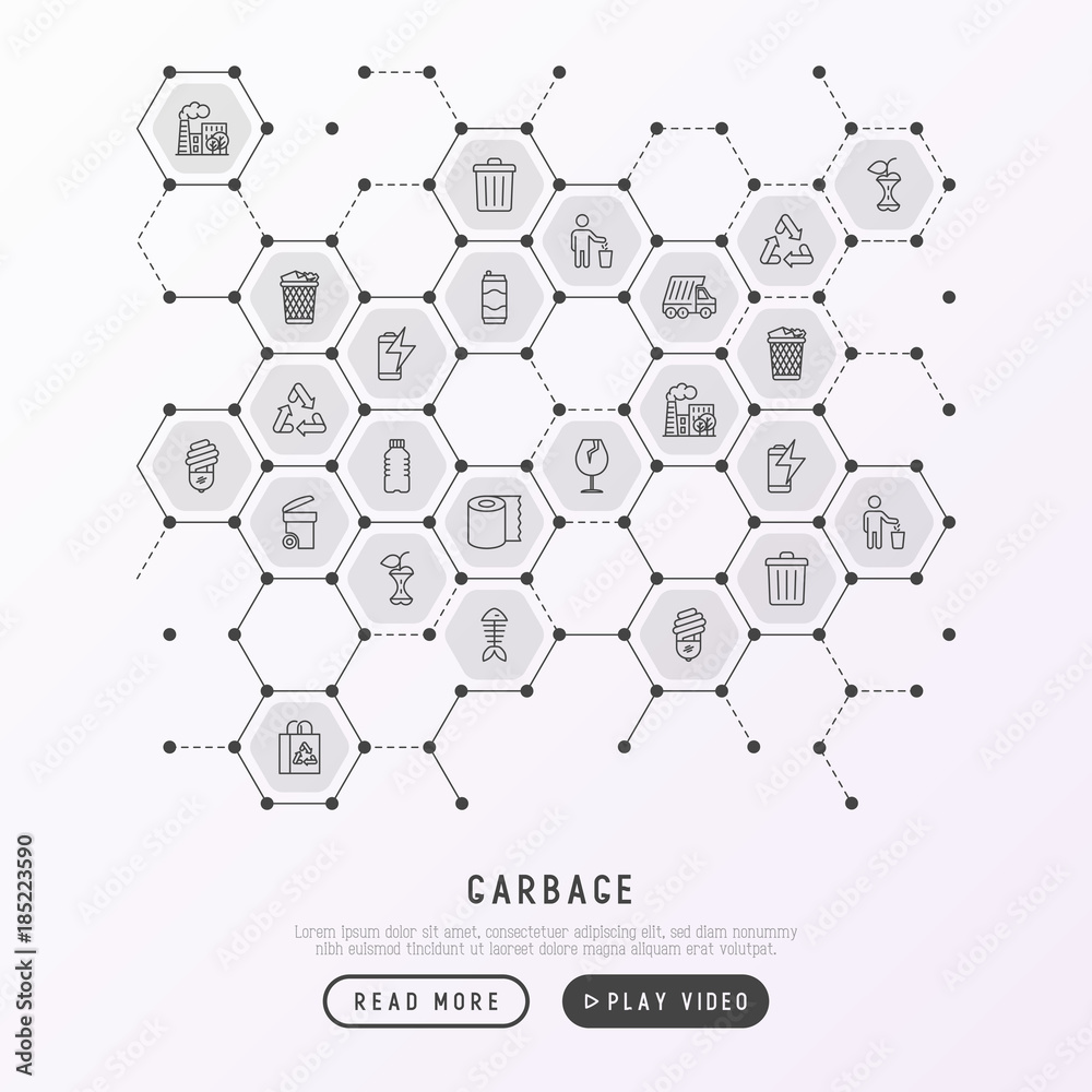 Garbage concept in honeycombs with thin line icons: garbage bin, organic trash, garbage truck, glass, recycled paper, aluminium, battery, plastic bottle. Modern vector illustration for web page. Garbage concept in honeycombs with thin line icons: garbage bin, organic trash, garbage truck, glass, recycled paper, aluminium, battery, plastic bottle. Modern vector illustration for web page.