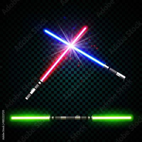 neon light swords. crossed light sabers, flash and sparkles. Vector illustration isolated on transparent background