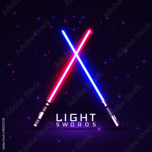 neon light swords. crossed light sabers, flash and sparkles. Vector illustration isolated on transparent background