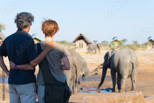 Canvas Print Hugging couple looking at elephant herd drinking from waterhole