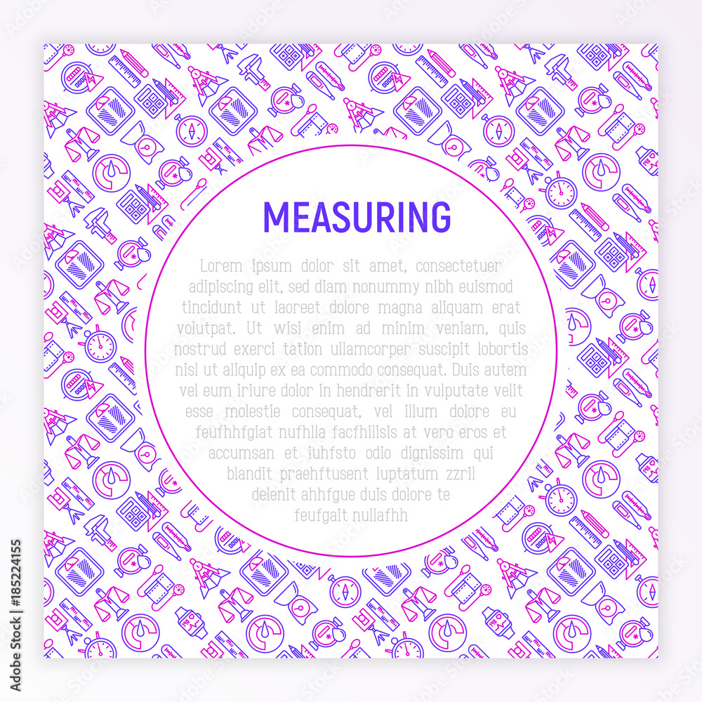 Measuring concept with thin line icons: stopwatch, weight scales, speedometer, smart watch, brass scales, thermometer. Modern vector illustration for web page, banner, print media. Measuring concept with thin line icons: stopwatch, weight scales, speedometer, smart watch, brass scales, thermometer. Modern vector illustration for web page, banner, print media.