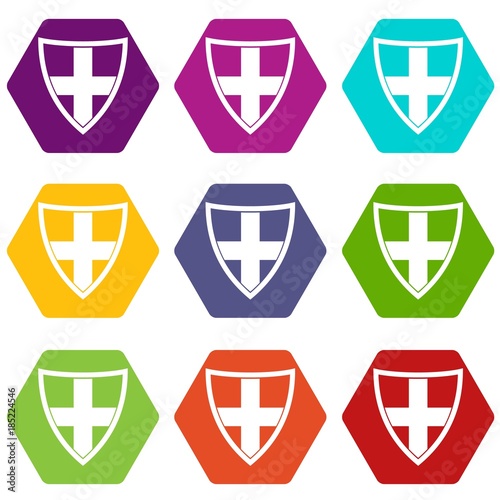 Shield for protection icon set color hexahedron