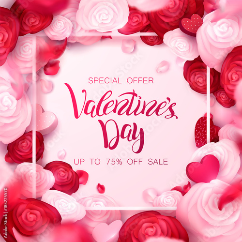 Happy holidays: Valentines day 14 february, Mothers or Womens day 8 march background with roses, gifts and hearts. 3d Vector illustration. Romantic Wallpaper, wedding design for flyers, banners.