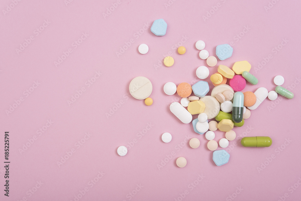 colorful medicine. Pharmacy on pink background. colorful medicine. Pharmacy on pink background.
