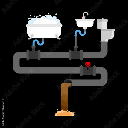 Sewer system in house. Pipes and valves. Sink and toilet bowl. Bath. Sewerage scheme