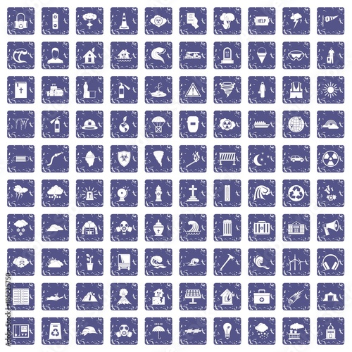 100 disaster icons set grunge sapphire