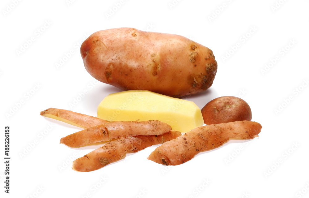 Fresh organic potatoes with slices isolated on white background Fresh organic potatoes with slices isolated on white background