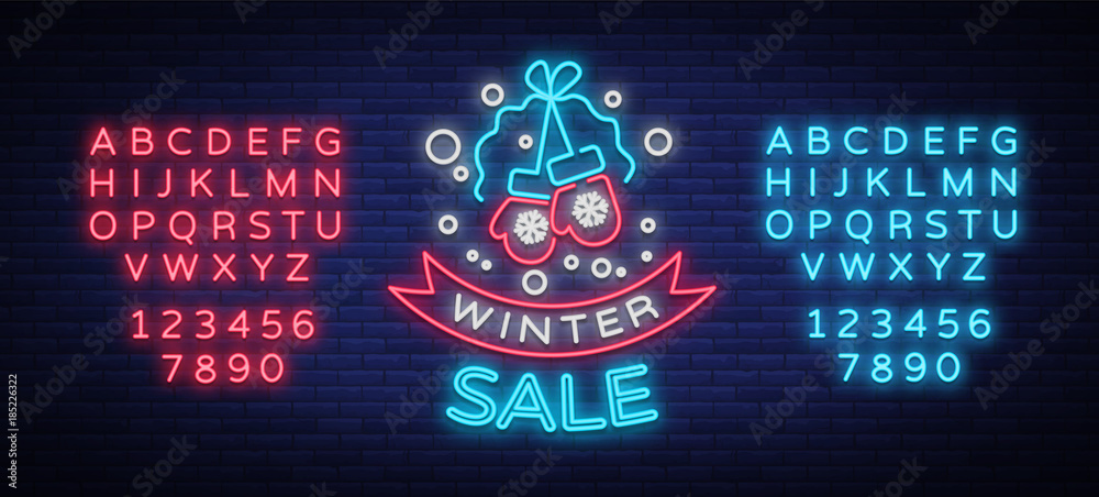 Winter sale of a poster in neon style. Neon sign, bright flyer, glowing banner, night neon advertising on the theme of winter holiday discounts and sales. Vector illustration. Editing text neon sign