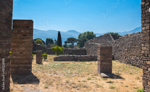 Walking around the ruins and the empty streets of the ancient antique site of Pompeii destroyed by Mount Vesuvius in AD 79, Naples, Campania, Italy, Europe photo