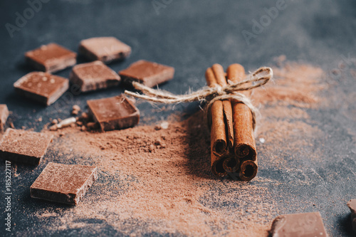 Cinnamon sticks, chocolate pieces and cocoa powder on dark background.