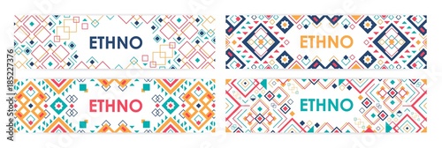 Bundle of horizontal web banners decorated with traditional American Indian ornaments or trendy geometric patterns in ethnic style. Vector illustration with bright colored decorative tribal motifs.
