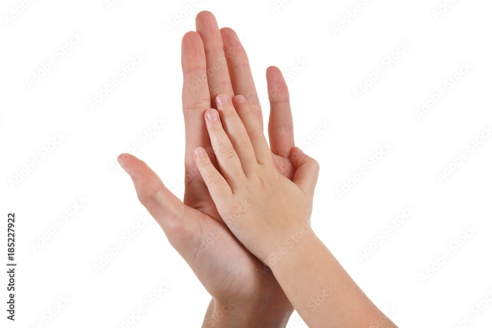 Woman and baby playing with hand together isolated on white, love and family Woman and baby playing with hand together isolated on white, love and family
