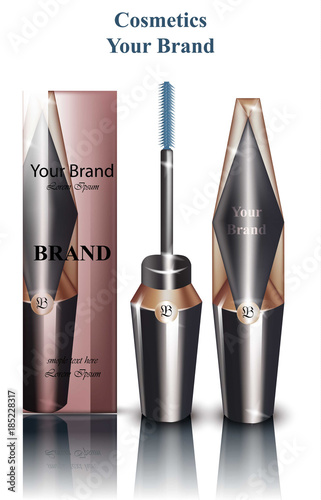 Mascara Vector realistic packaging mock up. Cosmetics brand ads. Brush and Original shape container designs