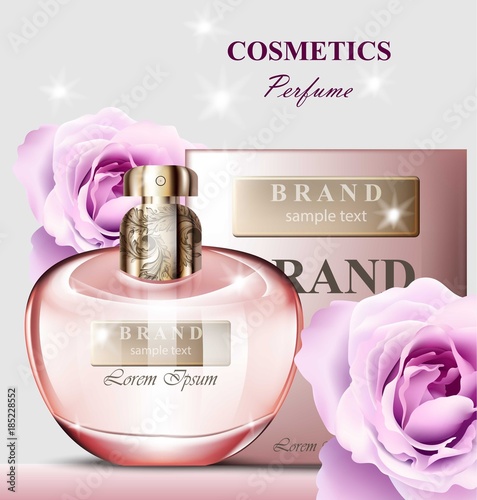 Women perfume bottle rose fragrance. Realistic Vector Product packaging designs mock up