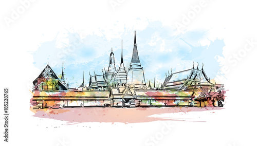 Wat Phra Kaew, holy place and grand palace Bangkok, Thailand. Watercolor splash with hand drawn sketch in vector illustration.