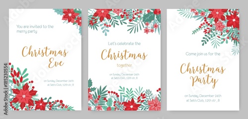 Collection of Christmas Party invitations, holiday event announcement or festive flyer templates decorated with red and green poinsettia plants, holly leaves and berries on white background.