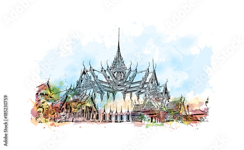 Wat Phra Kaew, holy place and grand palace Bangkok, Thailand. Watercolor splash with hand drawn sketch in vector illustration.