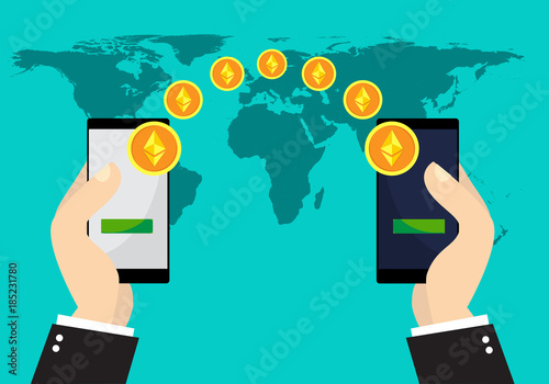 Ethereum coins exchange and transfer. Hand holds smart phone with send ethereum coins on worlds map background. Cryptocurrency technology concept illustration