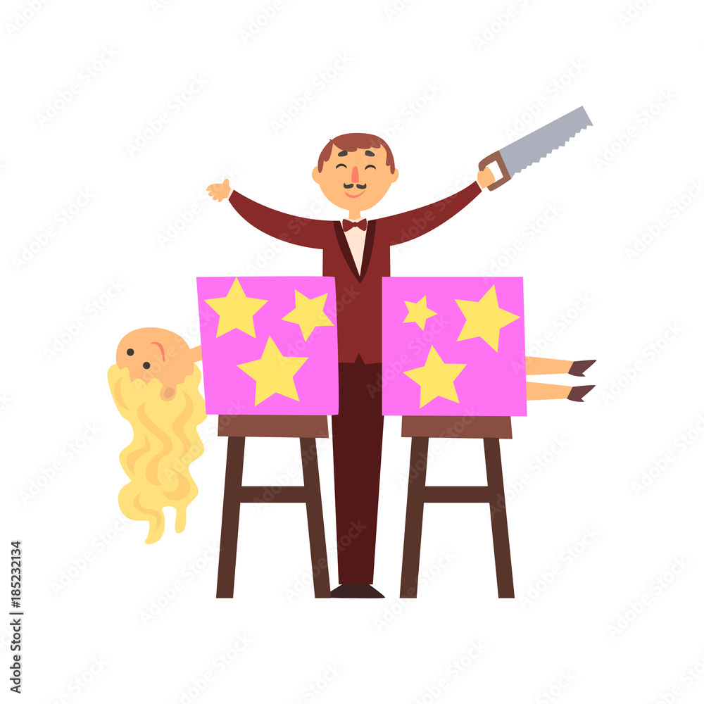 Magician sawed assistant body into two halves. Trick with magic box.  Cartoon man character in elegant suit with saw in hand. Curly-haired blond  woman. Flat vector design Stock Vector | Adobe Stock