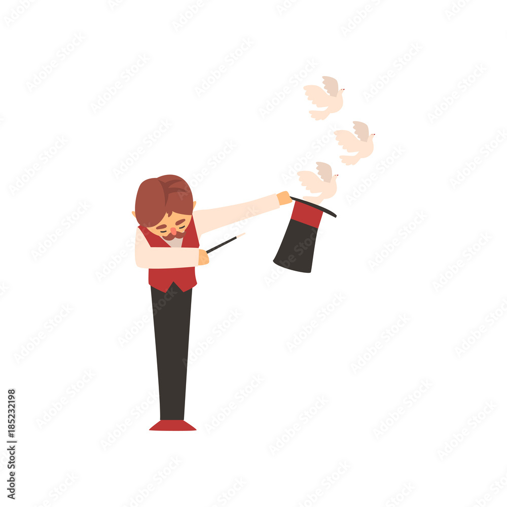 Magician holding magic wand letting out pigeons from his top hat. Male character with mustache in elegant vest, white shirt and black pants. Flat vector