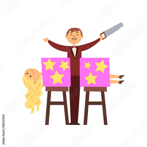 Magician sawed assistant body into two halves. Trick with magic box. Cartoon man character in elegant suit with saw in hand. Curly-haired blond woman. Flat vector design