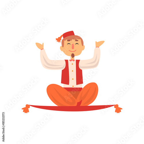 Cheerful man flying on magic carpet. Magician showing levitating trick. Cartoon male character in colorful costume with red fez on head. Flat vector design
