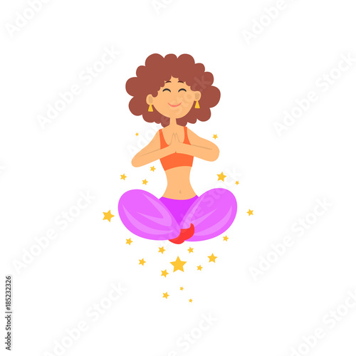 Circus performer showing levitation magic trick. Woman floating in sitting position with legs crossed. Cartoon magician character in mid air. Flat vector design