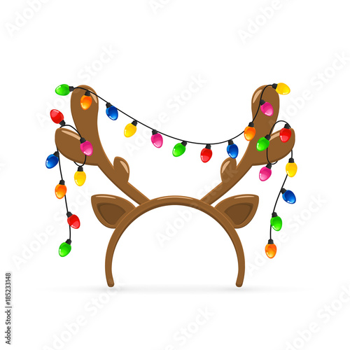 Reindeer antlers with Christmas lights on white background