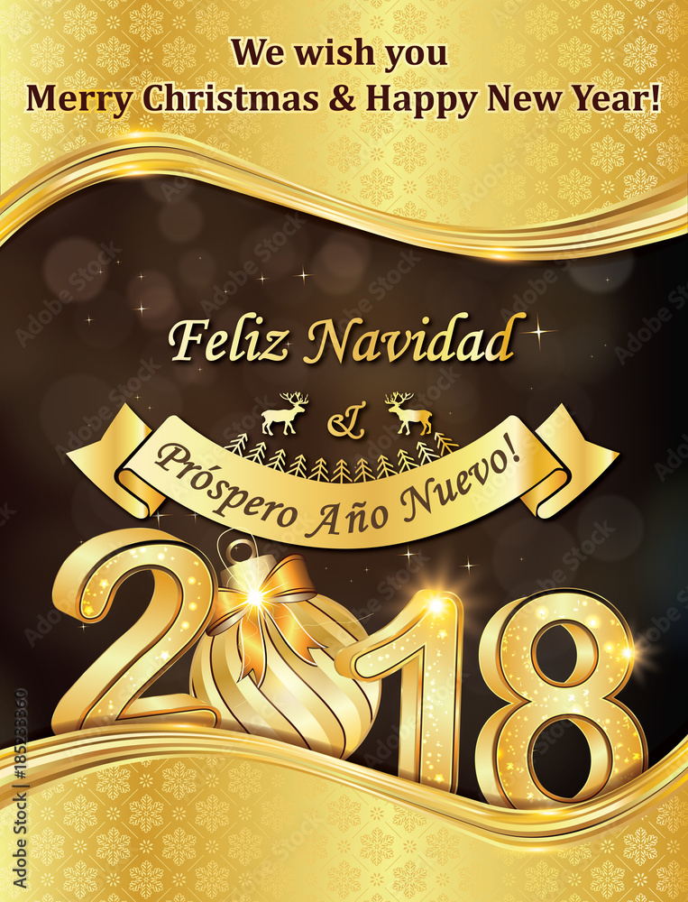 We Wish You A Merry Christmas And A Happy New Year Written In English And Spanish Greeting Card For The Holiday Season Stock Illustration Adobe Stock