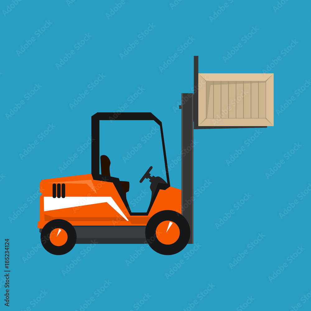Forklift Truck Isolated on a Blue Background, Orange Vehicle Forklift Lifted the Box Up, Vector Illustration