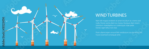 Banner with Horizontal Axis Wind Turbines in the Sea , Offshore Wind Farm off the Coast, Vector Illustration photo