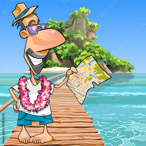 cartoon male tourist standing with a map at the pier