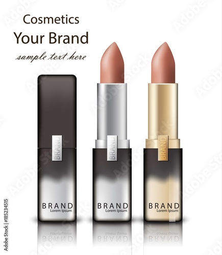 lipstick realistic packaging Vector. Mock up Original golden tube with Brand label decors