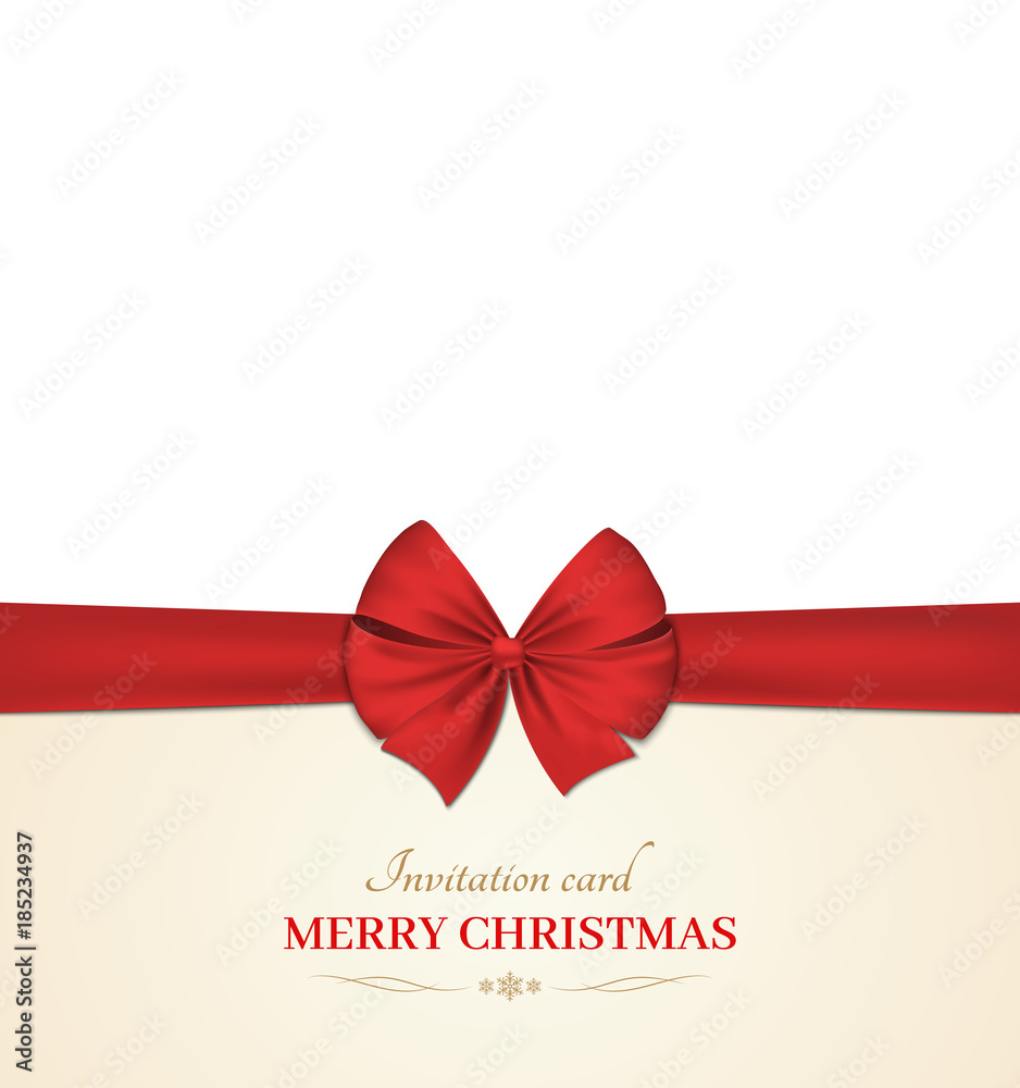 Christmas invitation card with a bow. Red ribbon. White background. Vector Christmas invitation card with a bow. Red ribbon. White background. Vector