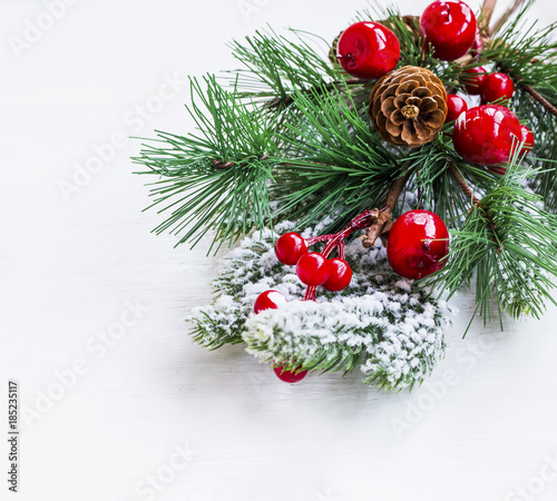 Christmas branch decoration with berries and cones on white background