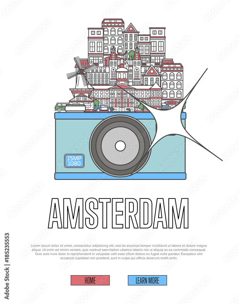 Obraz premium Travel Amsterdam poster with famous architectural attractions on big camera. European traveling advertising, time to travel vector in linear style. Amsterdam historic landmarks, holland tourism