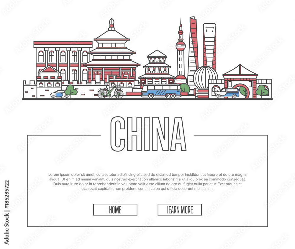 Travel China vector composition with famous architectural landmarks in linear style. Worldwide traveling and time to travel concept. Chinese national attractions on white background, asian tourism.